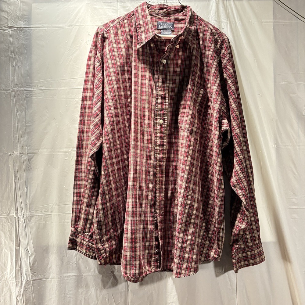 Basic Editions Men's Plaid Button Down Shirt Long Sleeve Casual XL Down Collar